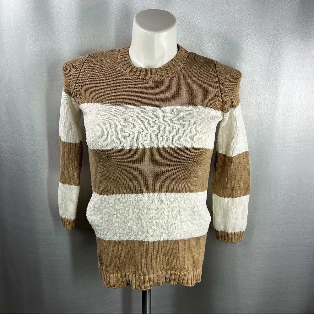 Loft Women's Tan & White Sequin Stripe Sweater S
